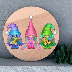 Wall Decor 12" Thin Birch Wood Round Handmade Gnome Spring Wall Art Door Hanging